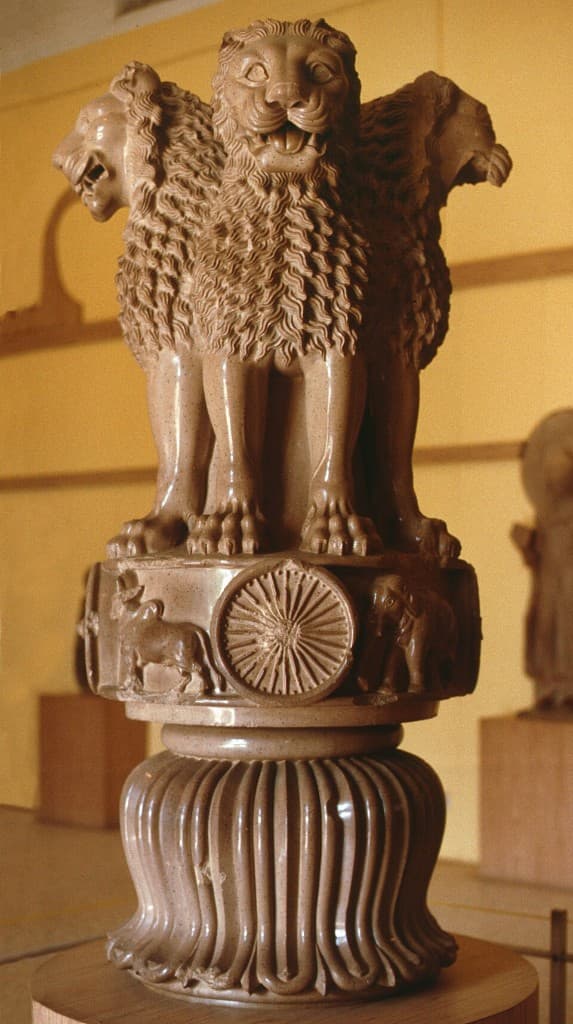 The original Lion Capital of Ashoka at Sarnath Museum, featuring the 24-spoke Ashoka Chakra